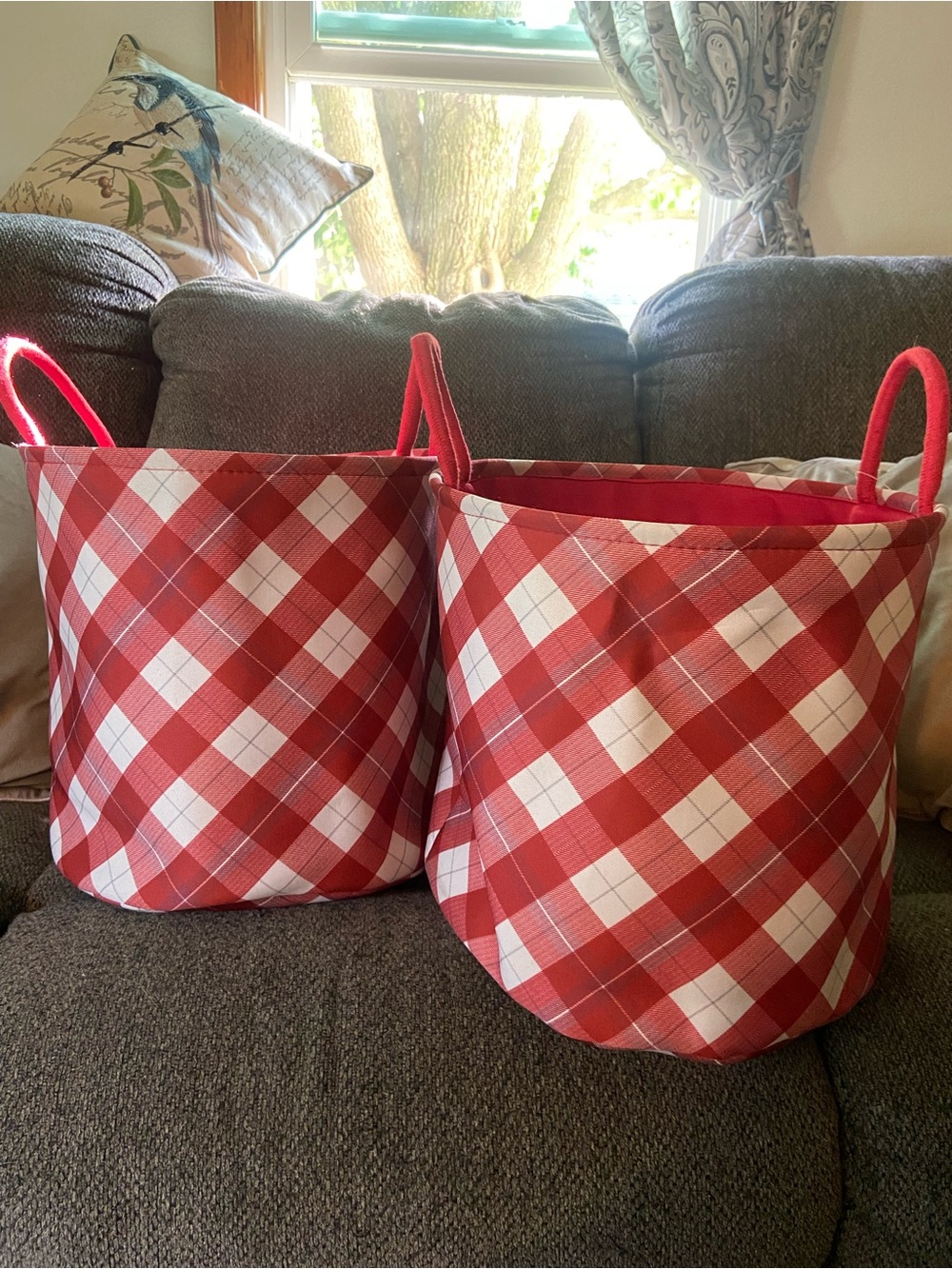 Plaid Red Canvas Fabric Storage Baskets with Handles - Set of 2